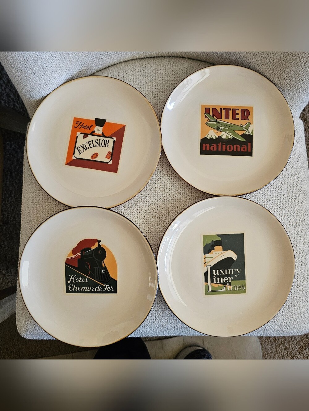 Pottery Barn Cream Salad Plates Retro Travel Graphics - Set of 4 - Discontinued